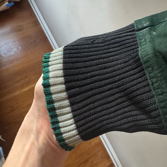 Sandro Lamb Leather Suede Bomber Jacket –Evergreen w/ Metallic Rib Trim – Size S - Picture 3 of 8